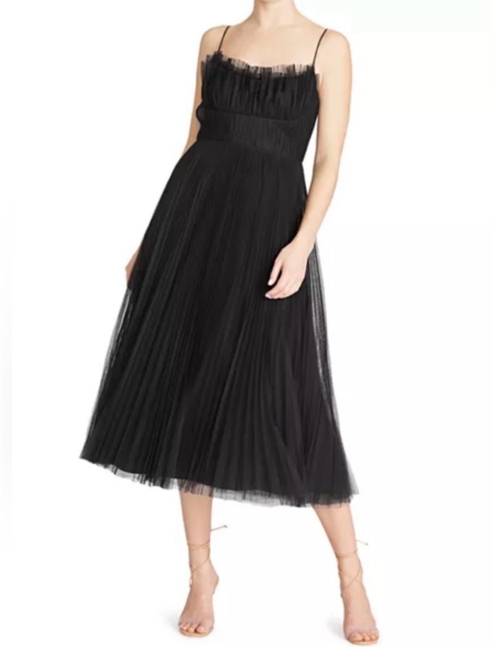 NWT Monique Lhuillier Black Pleated Tulle Midi Dress with Spaghetti Straps